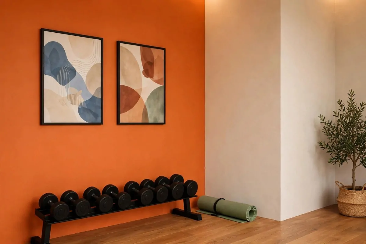 An empty corner with one wall painted in a bold warm orange, two blank framed art prints on the wall, a low dumbbell rack and a rolled mat below, no people