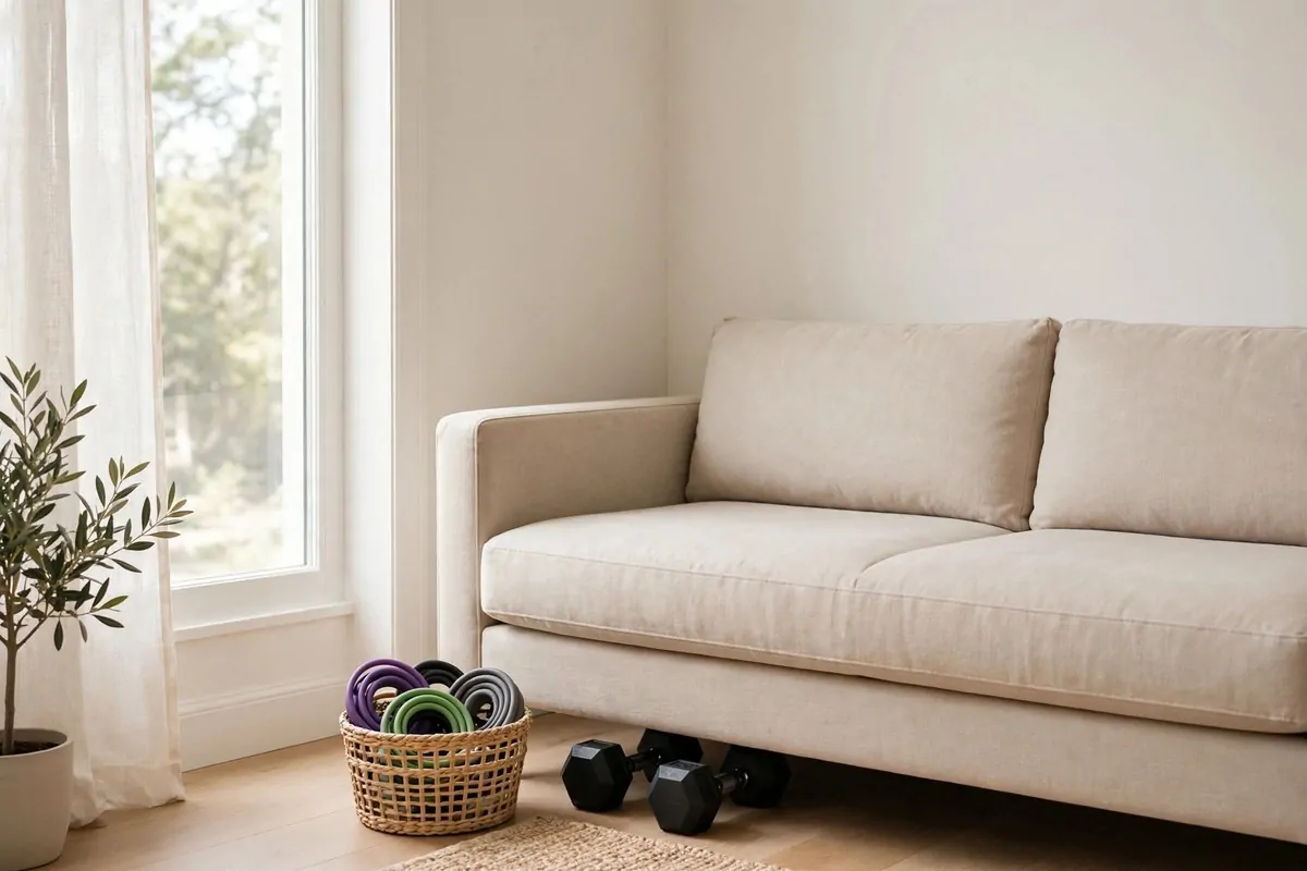An empty living room corner showing a sofa with a pair of neat dumbbells slid underneath it, a small basket of bands beside the sofa, daylight, no people