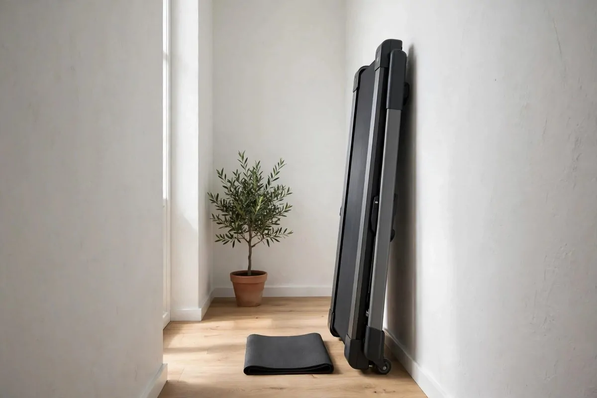 An empty narrow corner with a slim fold-up treadmill folded upright against the wall, a small mat on the floor in front of it, a plant in the corner, no people