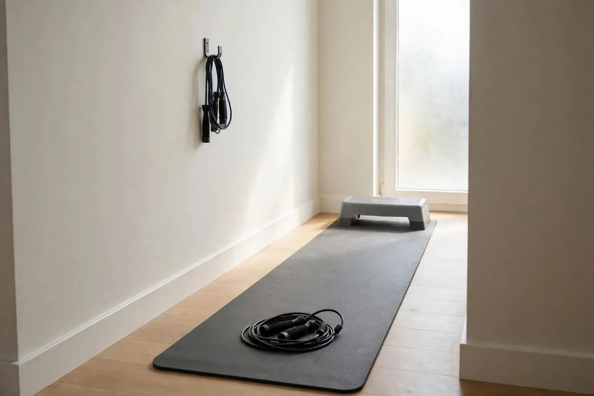An empty long narrow corner of a room with a flat exercise mat strip, a jump rope coiled on it and a small aerobic step platform beside it, no people