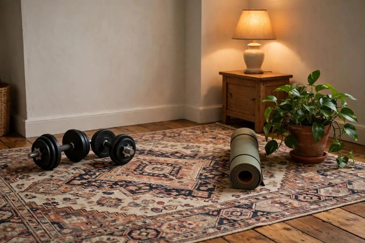 An empty cozy room corner with one large patterned rug, a set of dumbbells on one half and a rolled yoga mat with a plant on the other half, warm light, no people