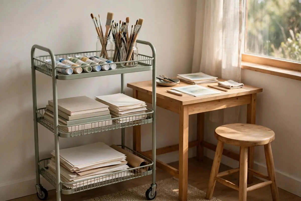 20 Home Art Studio Setups Any Creative Can Copy 1 Sunlit corner Home Art Studio with a desk facing a tall north-facing window
