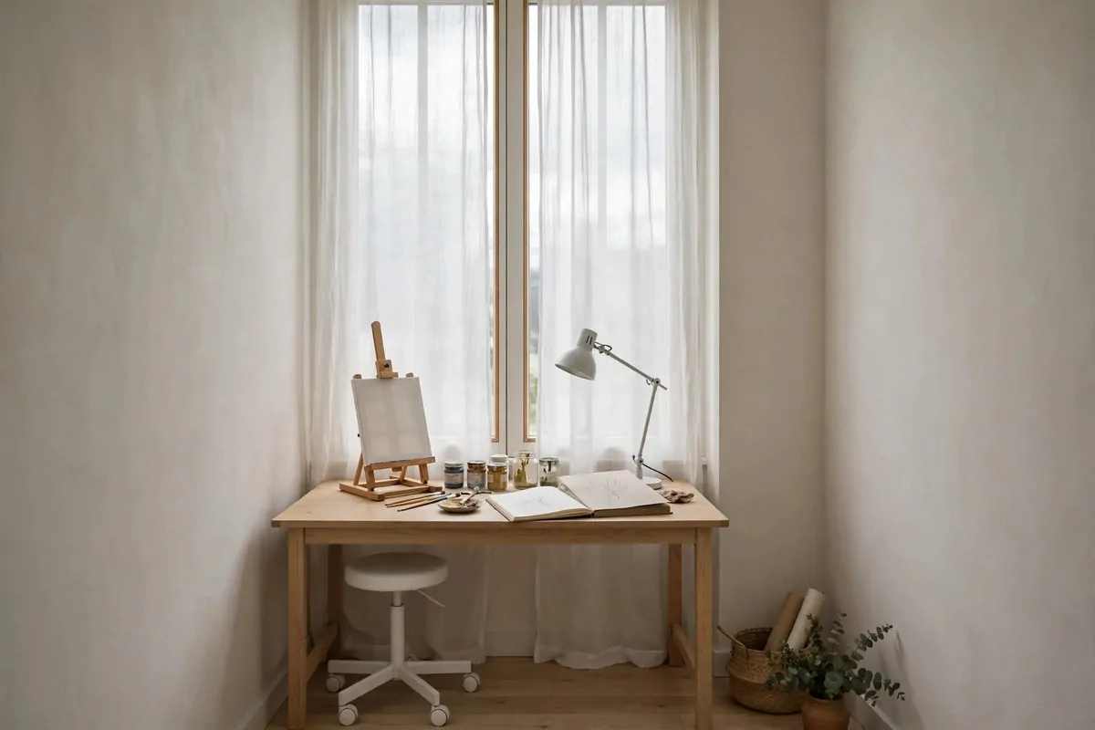 20 Home Art Studio Setups Any Creative Can Copy 2 Home Art Studio corner with a three-tier rolling cart holding paints, brushes and paper