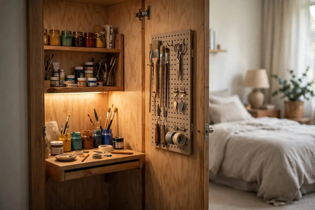 20 Home Art Studio Setups Any Creative Can Copy 3 Home Art Studio built inside a spare closet with a desk, pegboard and warm light