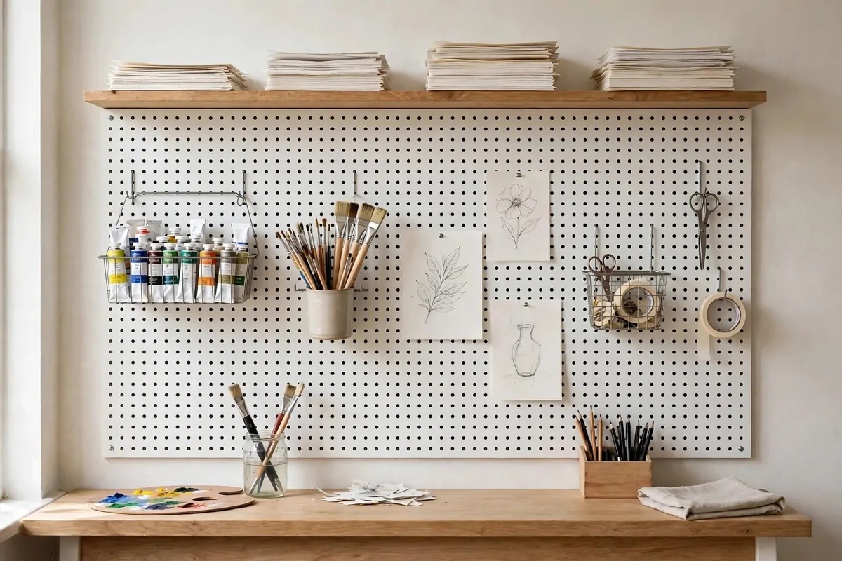 20 Home Art Studio Setups Any Creative Can Copy 4 Home Art Studio wall covered with a pegboard holding brushes, paints and tools above a small desk