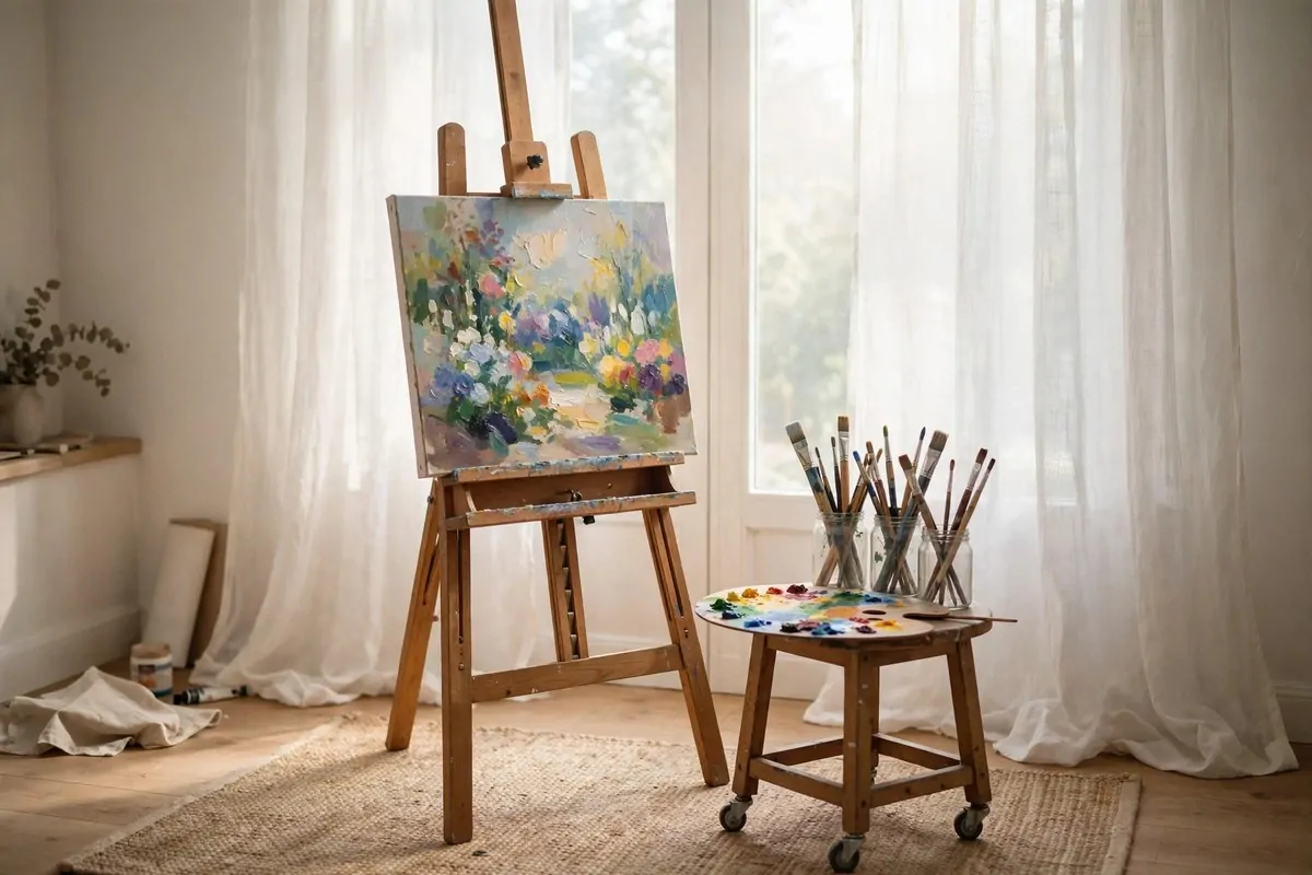 20 Home Art Studio Setups Any Creative Can Copy 5 Home Art Studio easel placed directly in front of a tall window with daylight falling on a canvas