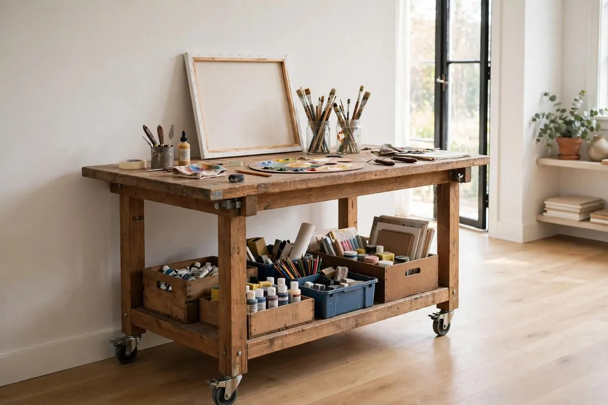 20 Home Art Studio Setups Any Creative Can Copy 6 Home Art Studio with a sturdy art table on locking caster wheels surrounded by supply crates