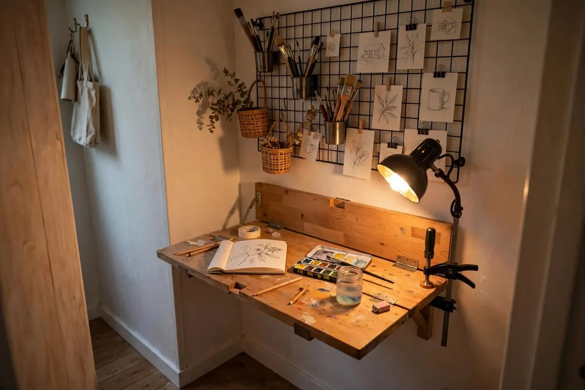 20 Home Art Studio Setups Any Creative Can Copy 7 Home Art Studio corner with a wall-mounted fold-down table in use and a small lamp