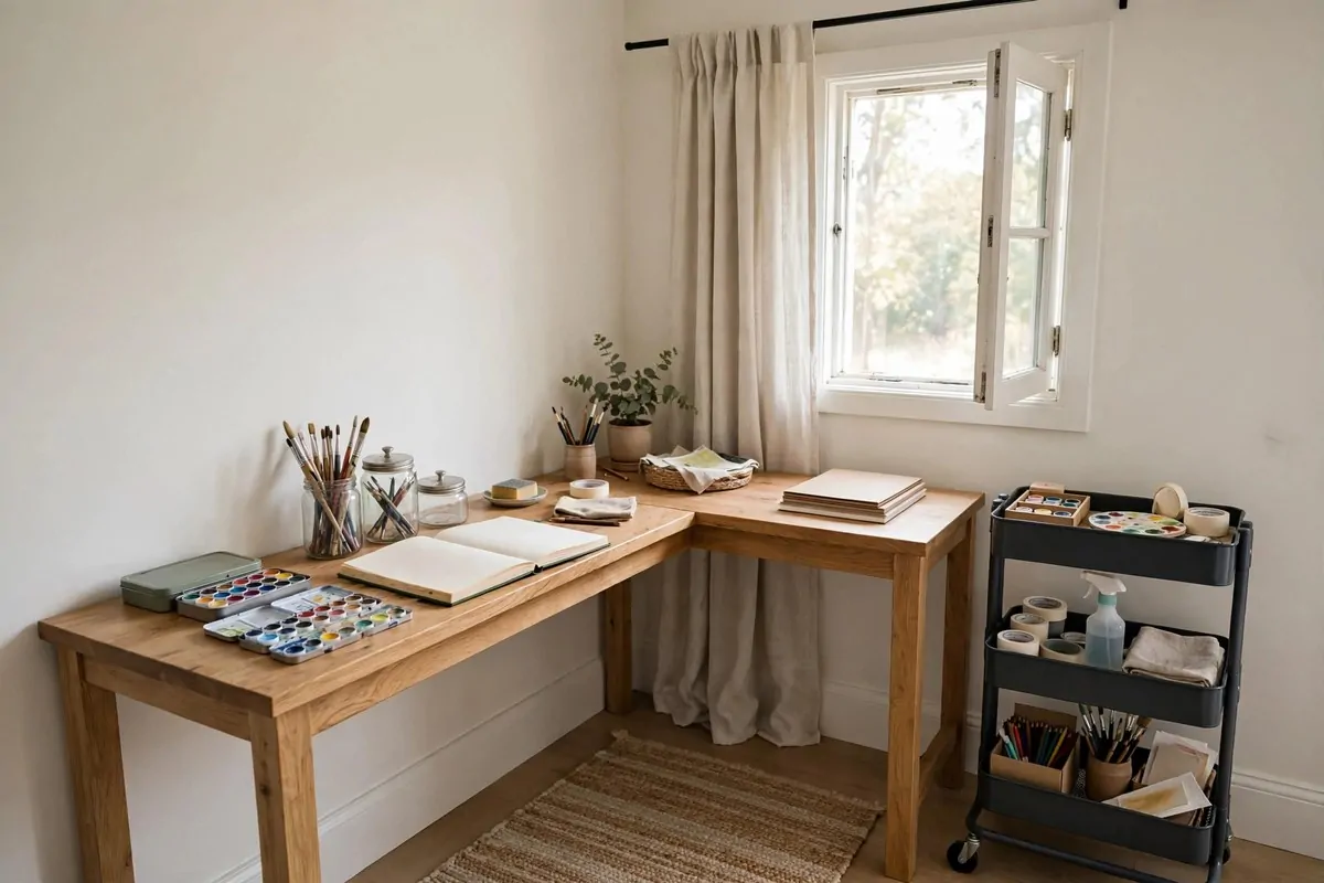 20 Home Art Studio Setups Any Creative Can Copy 8 Home Art Studio tucked into a bright bedroom corner with an L-shaped desk and rolling cart