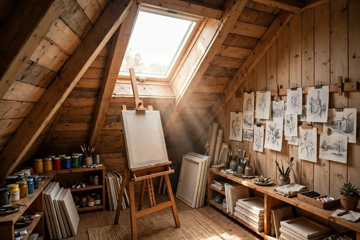 20 Home Art Studio Setups Any Creative Can Copy 9 Home Art Studio in a bright attic with sloped ceilings, a skylight and an easel under the roof window