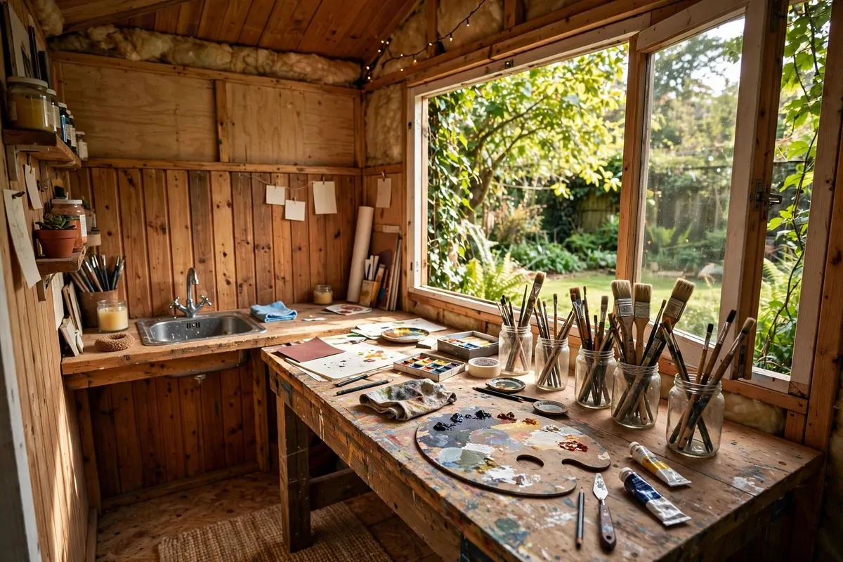 20 Home Art Studio Setups Any Creative Can Copy 10 Home Art Studio inside a converted garden shed with a workbench and small sink