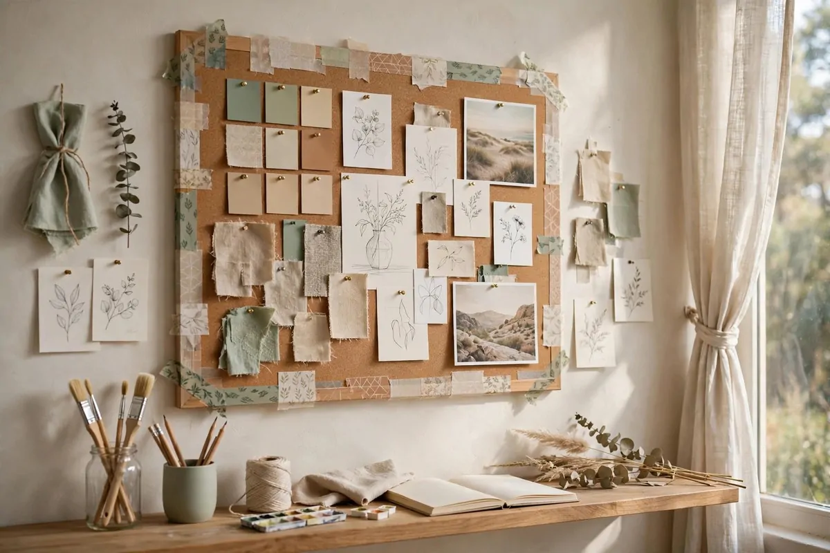 20 Home Art Studio Setups Any Creative Can Copy 11 Home Art Studio wall with a curated mood board of colour swatches, sketches and postcards