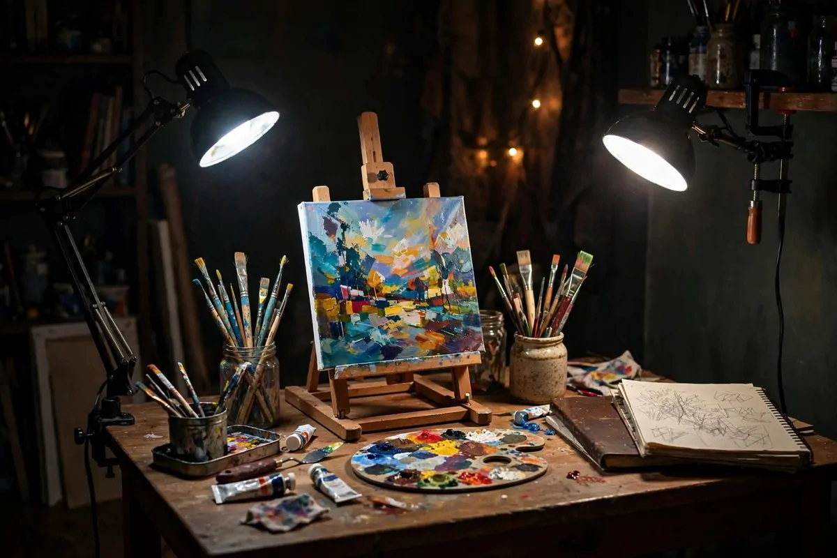 20 Home Art Studio Setups Any Creative Can Copy 12 Home Art Studio desk lit by two warm daylight lamps at night with a small canvas on an easel