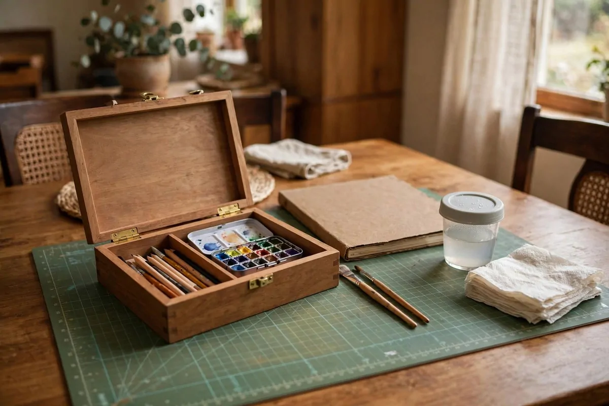 20 Home Art Studio Setups Any Creative Can Copy 13 Home Art Studio setup on a dining table with an open art supply box, sketchbook and brushes