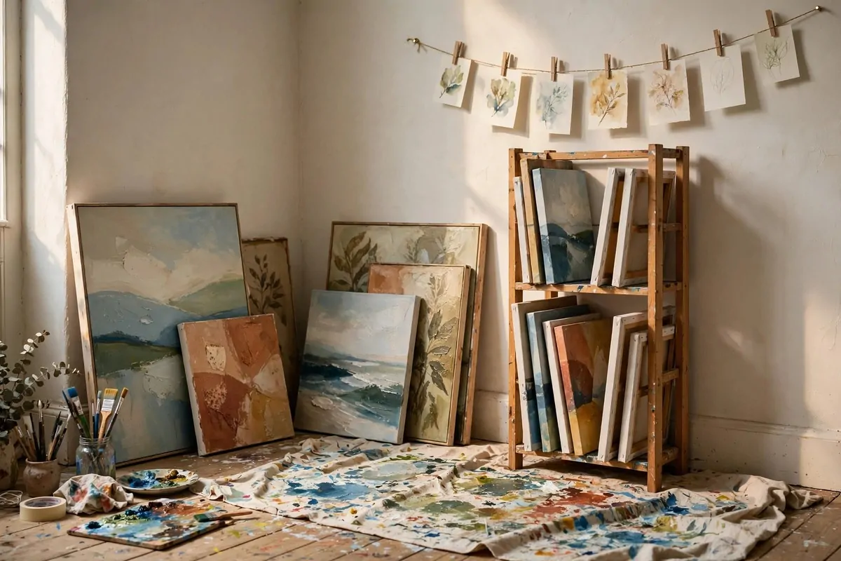 20 Home Art Studio Setups Any Creative Can Copy 14 Home Art Studio corner with canvases leaning against the wall and a vertical drying shelf