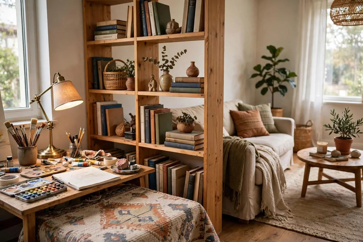 20 Home Art Studio Setups Any Creative Can Copy 15 Home Art Studio corner separated from a living room by a tall bookshelf divider