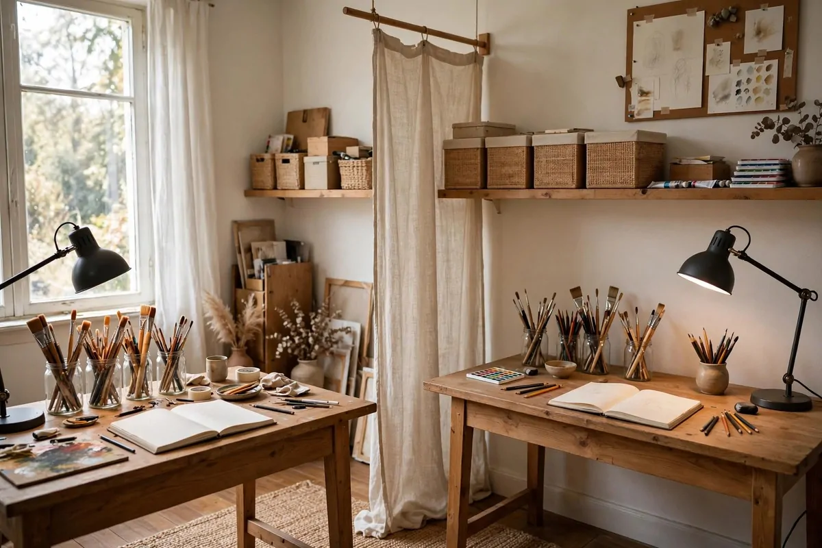 20 Home Art Studio Setups Any Creative Can Copy 16 Home Art Studio shared by two people with two desks divided by a hanging curtain