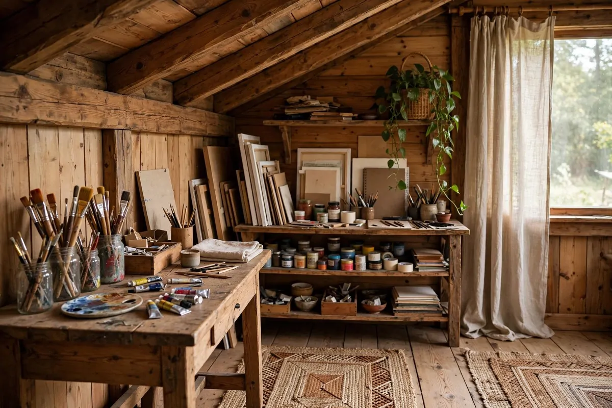 20 Home Art Studio Setups Any Creative Can Copy 17 Home Art Studio with a wooden desk, exposed beams and wooden shelves holding jars of art supplies