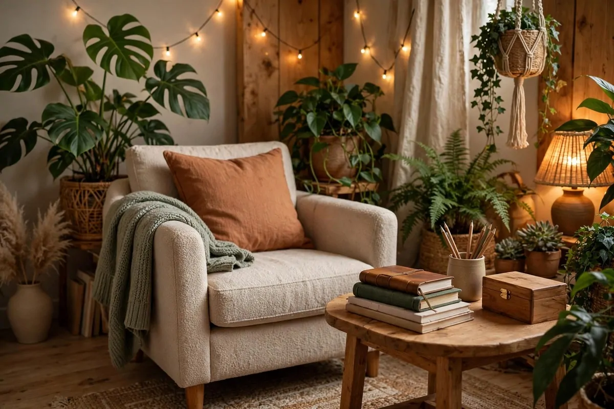 20 Home Art Studio Setups Any Creative Can Copy 18 Home Art Studio journal corner with plants, string lights and a small table with sketchbooks