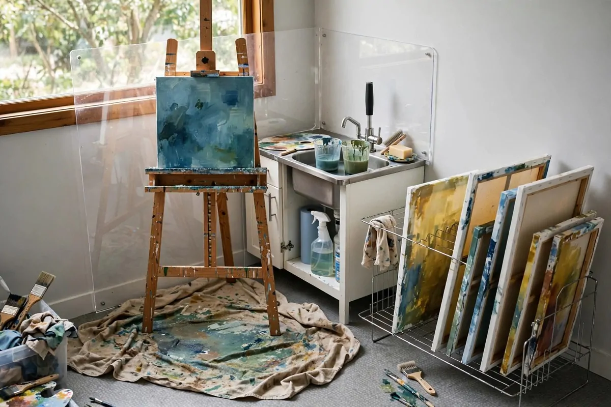 20 Home Art Studio Setups Any Creative Can Copy 19 Home Art Studio wet zone with a wipeable floor, utility sink and a drying rack