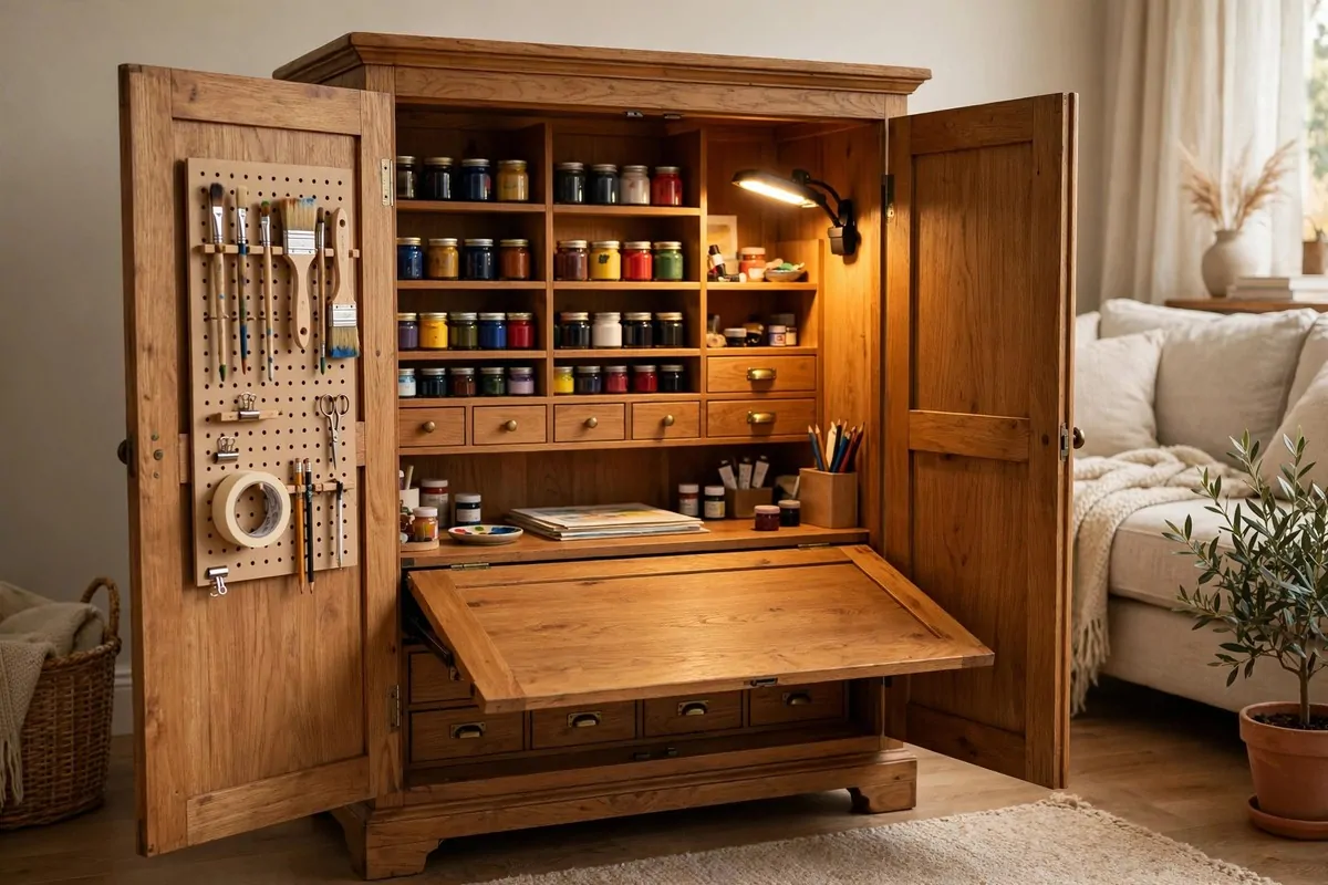 20 Home Art Studio Setups Any Creative Can Copy 20 Home Art Studio hidden inside a closed wooden craft armoire that opens to reveal a fold-out desk