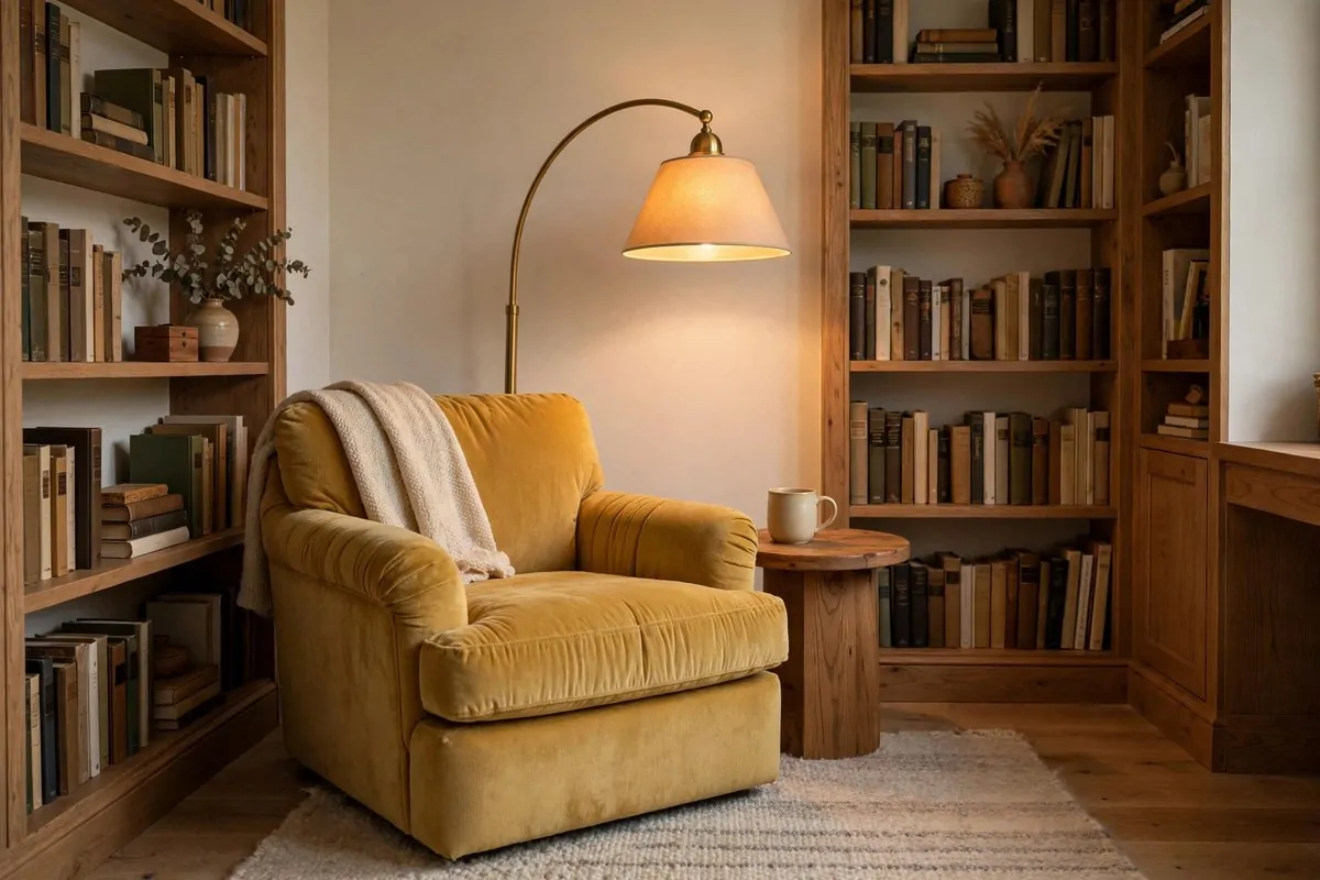 Cozy reading corner with armchair, side table and lamp