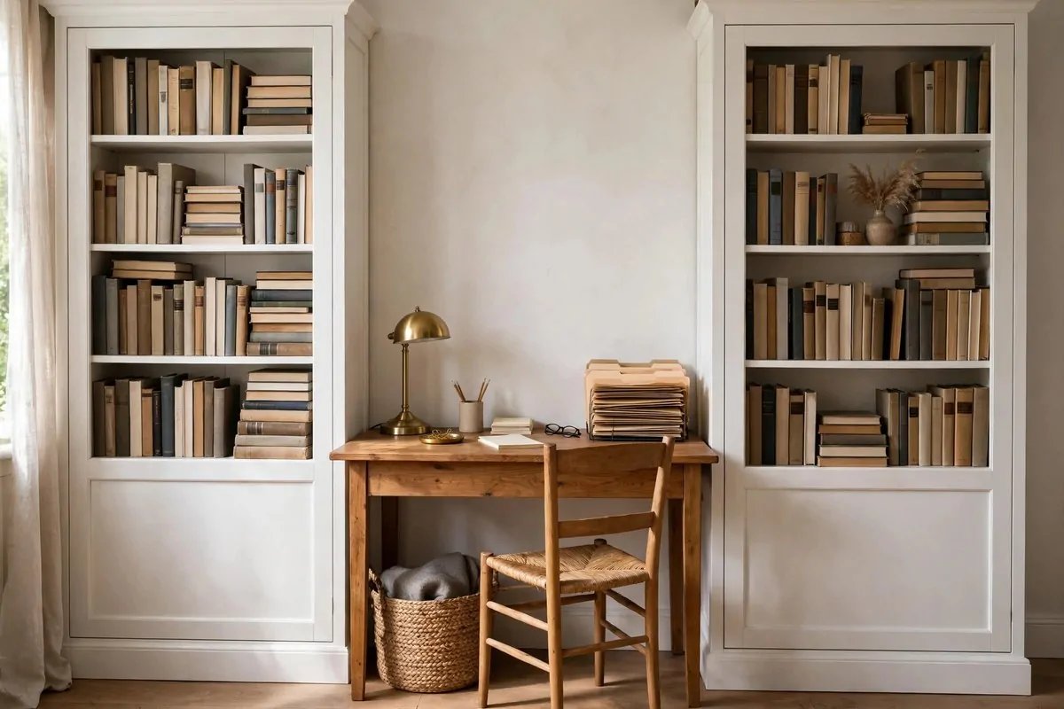 Desk nestled between two matching tall bookcases
