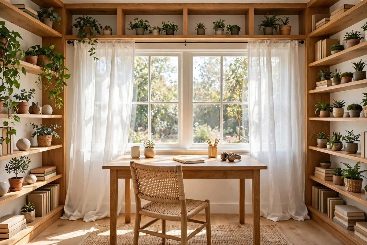 Desk under a window framed by built-in bookshelves