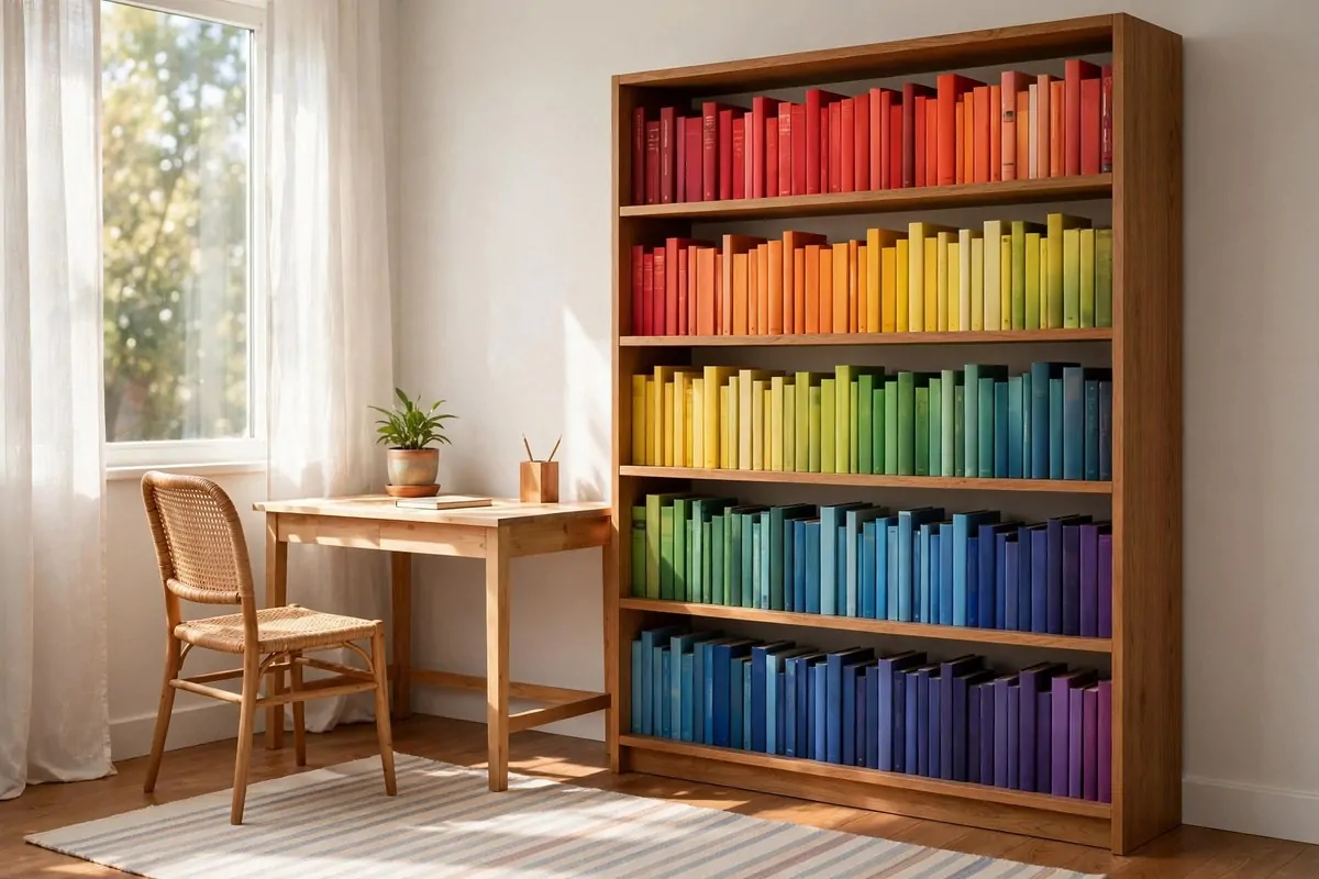 Bookcase with books arranged in rainbow color order
