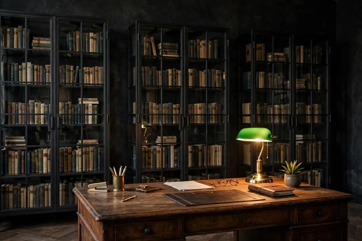 Glass-door bookcases with black frames in a home office