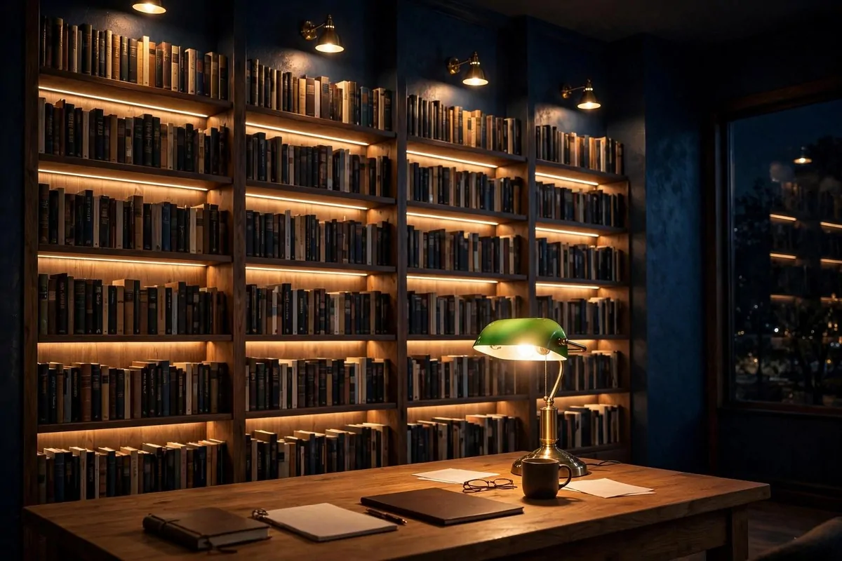 Bookshelves glowing with warm built-in LED lights at night
