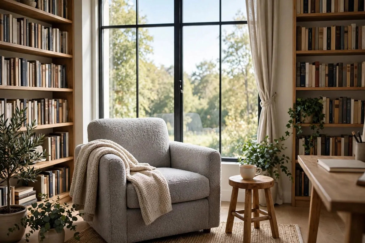 Armchair reading corner by a bright window with bookshelves