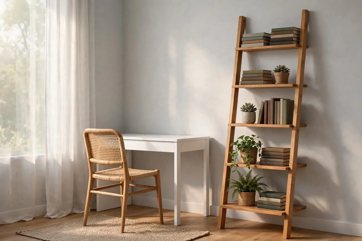 Leaning wooden ladder shelf with books and plants