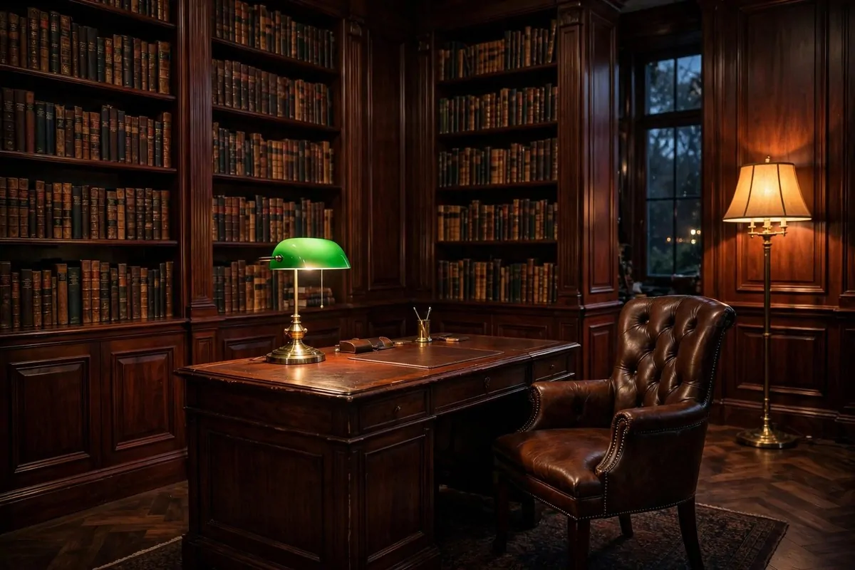 Moody dark wood paneled home office library