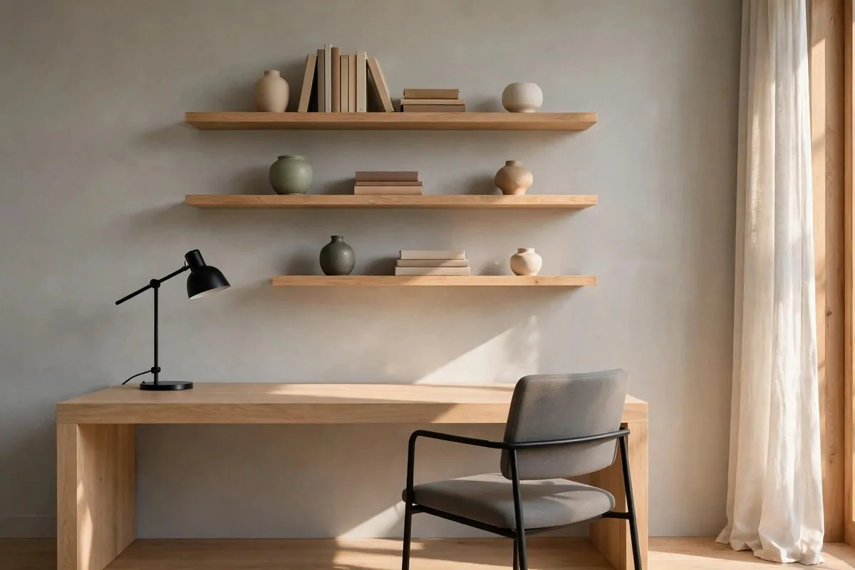 Light oak floating shelves with books above a modern desk