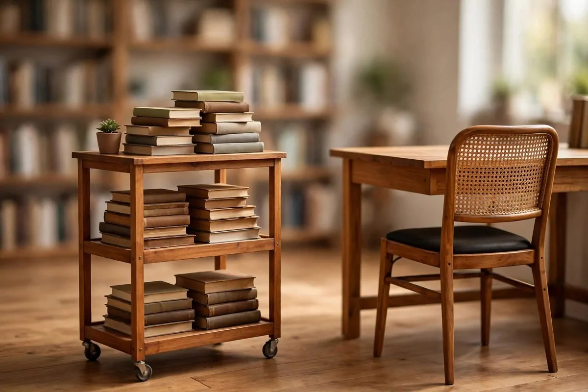 Wooden rolling book cart filled with books beside a desk