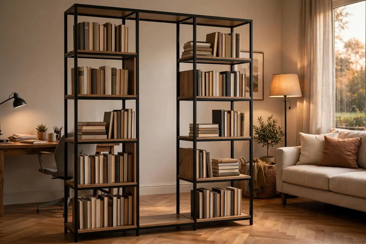 Double-sided bookshelf dividing a room with desk on one side
