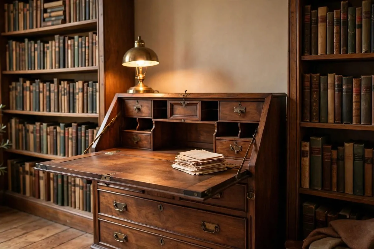 Vintage secretary desk with fold-down writing surface between bookshelves