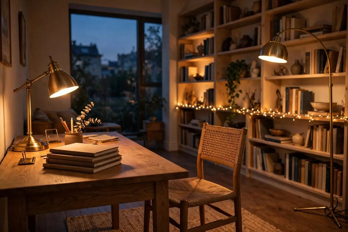 Desk with brass lamp, floor lamp and fairy lights at dusk