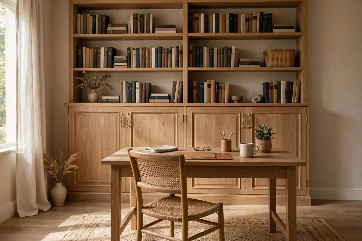 Bookcase wall with open shelves above and closed cabinets below