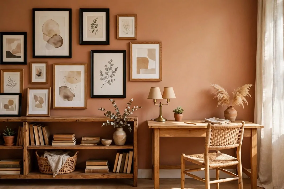 Framed art gallery wall hung above a low bookcase