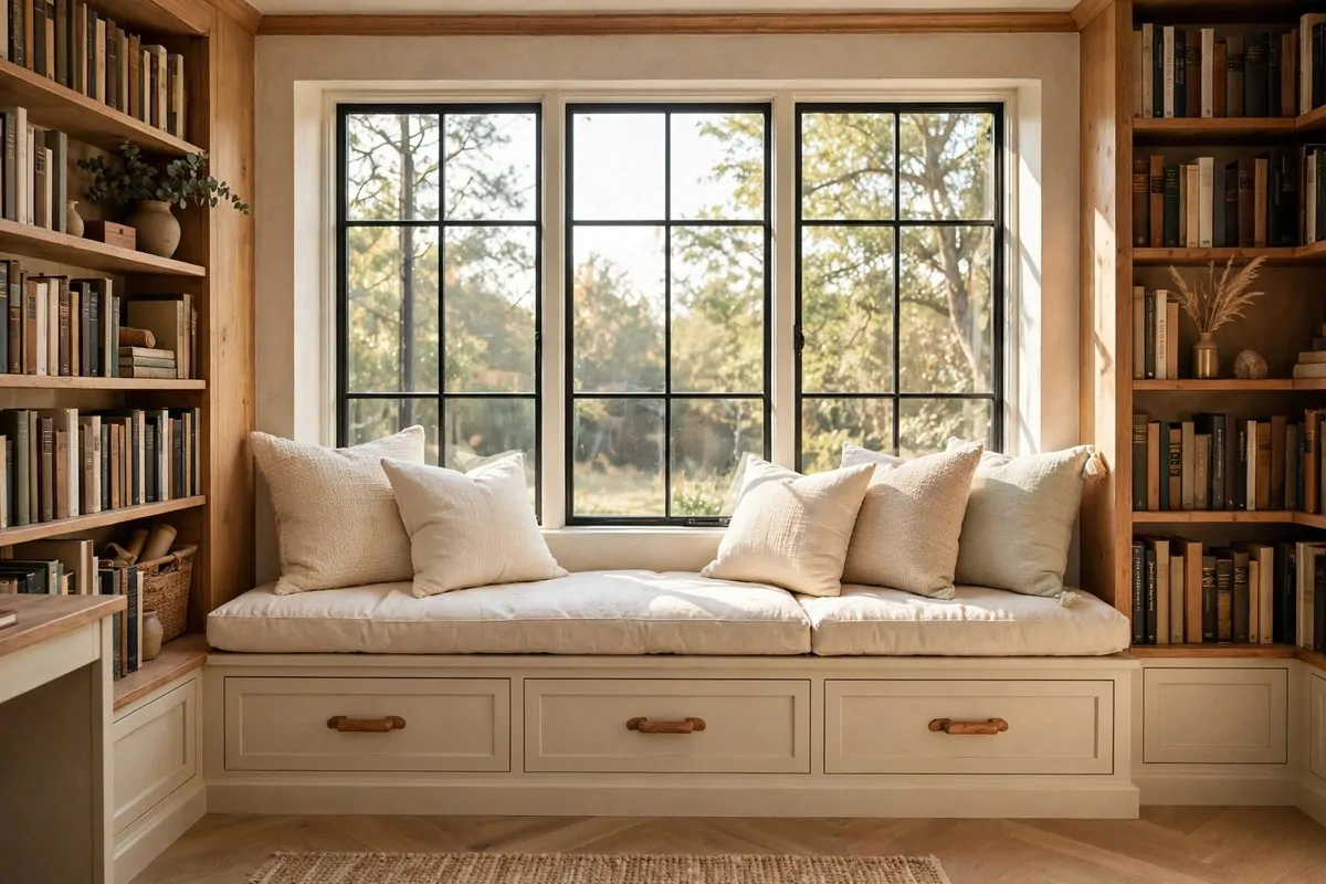 Built-in window seat with cushions, drawers and side bookshelves