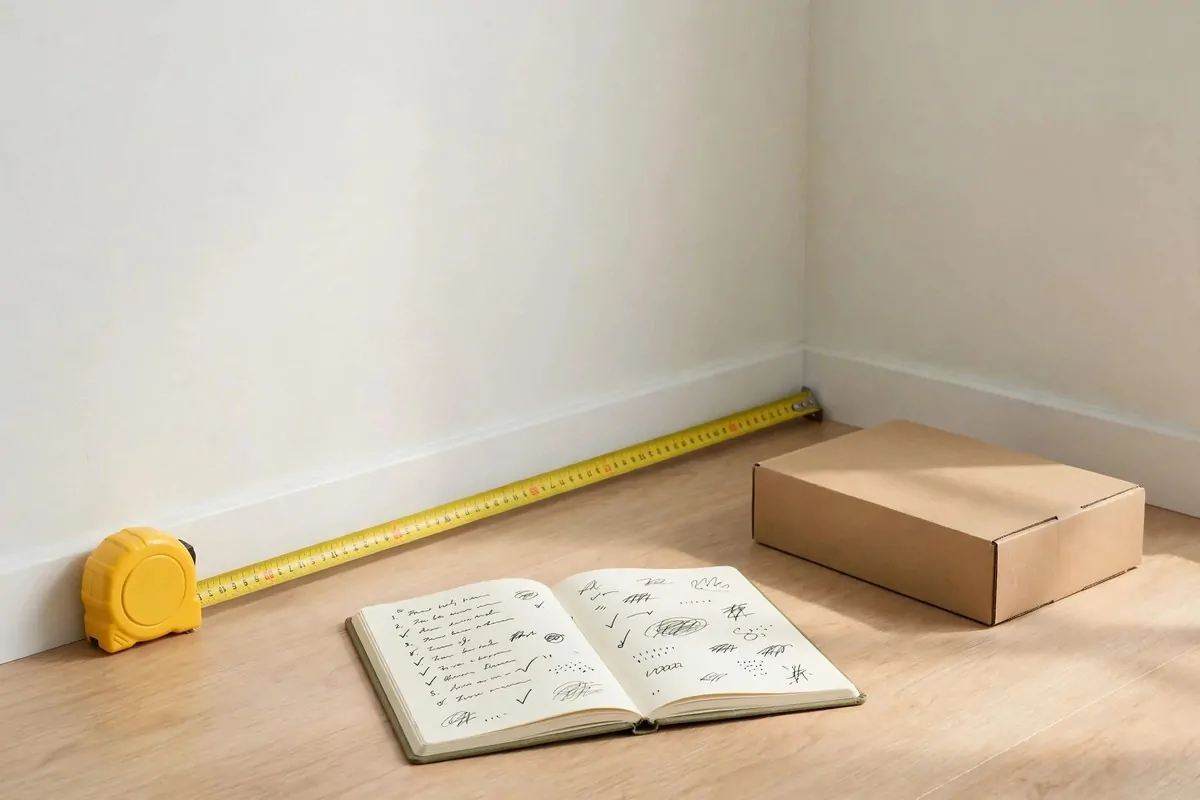 20 Ikea Office Ideas Workspaces You Can Build on a Budget 1 A tape measure stretched along a pale wall, a notebook with a handwritten list, and a flat-pack box on the floor