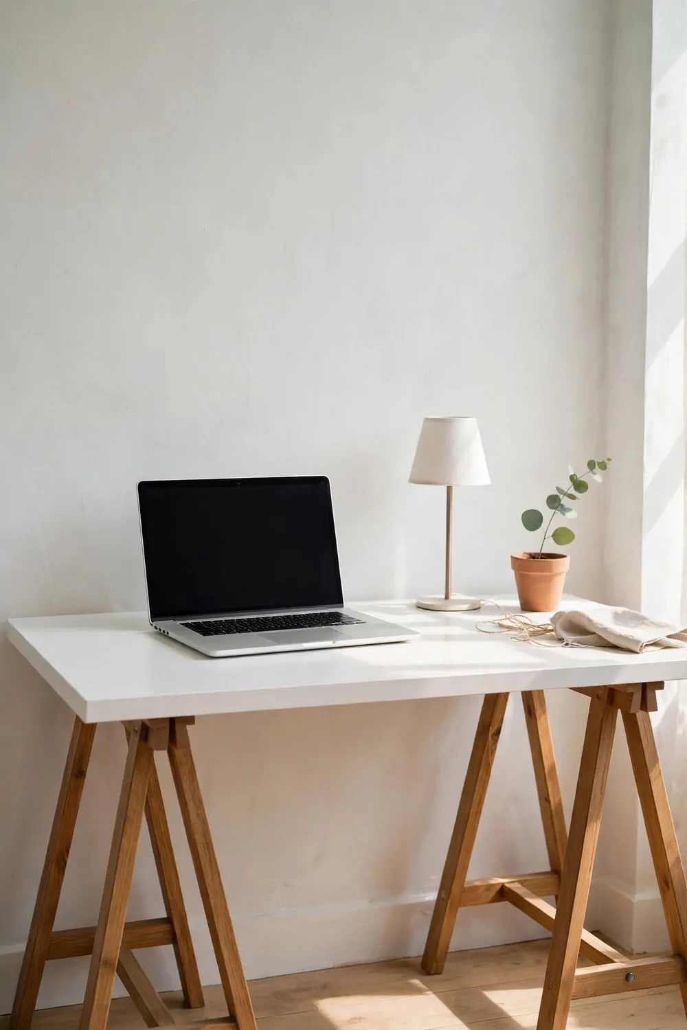 20 Ikea Office Ideas Workspaces You Can Build on a Budget 2 A simple white desk top on two wooden trestle legs against a pale wall, laptop and small lamp on top