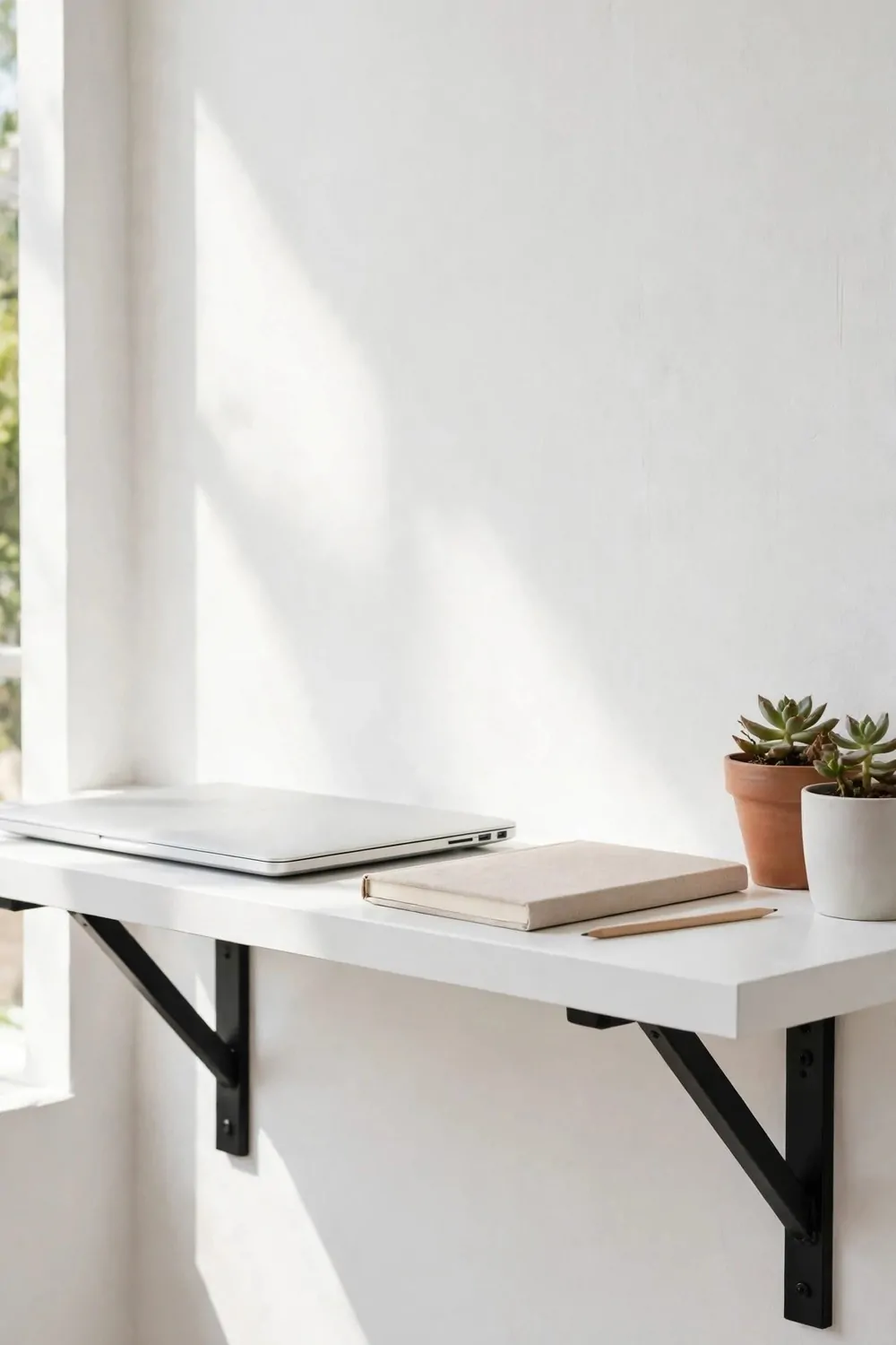 20 Ikea Office Ideas Workspaces You Can Build on a Budget 3 A deep white wall shelf used as a desk at elbow height, laptop and notebook on it, brackets underneath