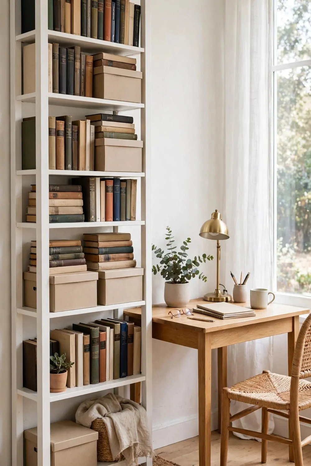 20 Ikea Office Ideas Workspaces You Can Build on a Budget 4 A tall narrow white bookcase beside a small desk, shelves full of books and plain storage boxes