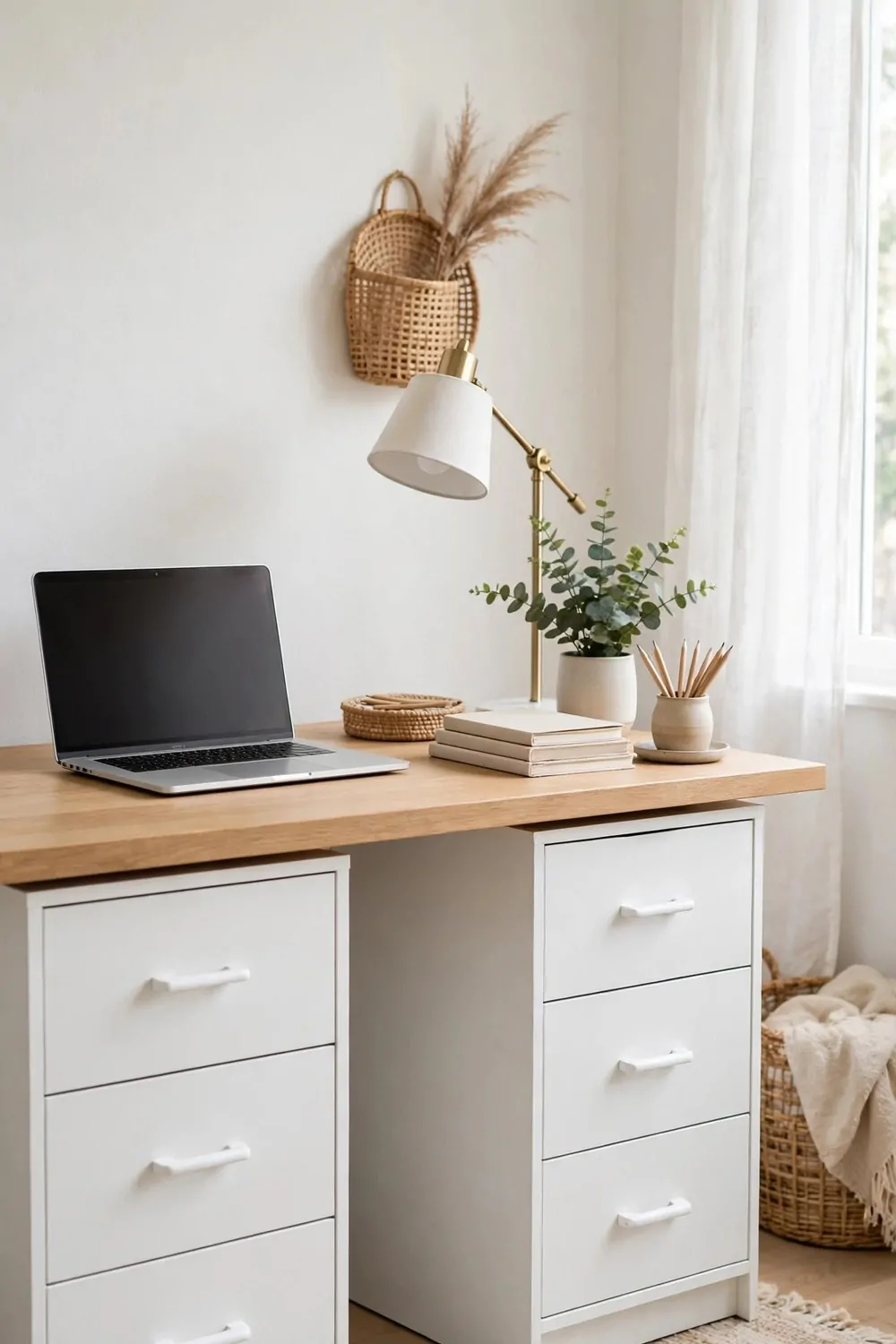 20 Ikea Office Ideas Workspaces You Can Build on a Budget 5 A plain desk top resting across two white drawer units, laptop and lamp on top