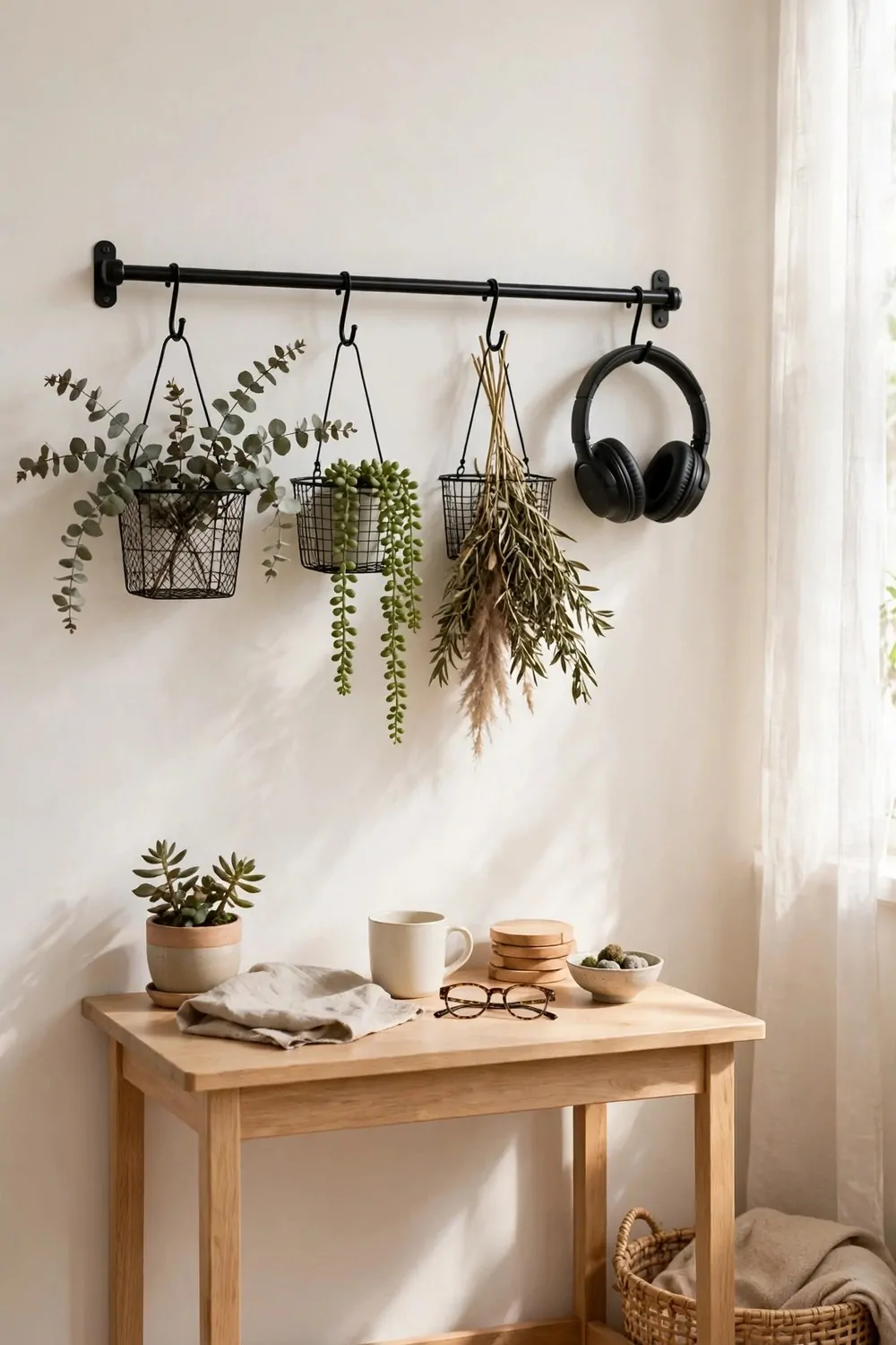 20 Ikea Office Ideas Workspaces You Can Build on a Budget 6 A metal wall rail with hooks and small hanging baskets above a small desk, headphones on a hook