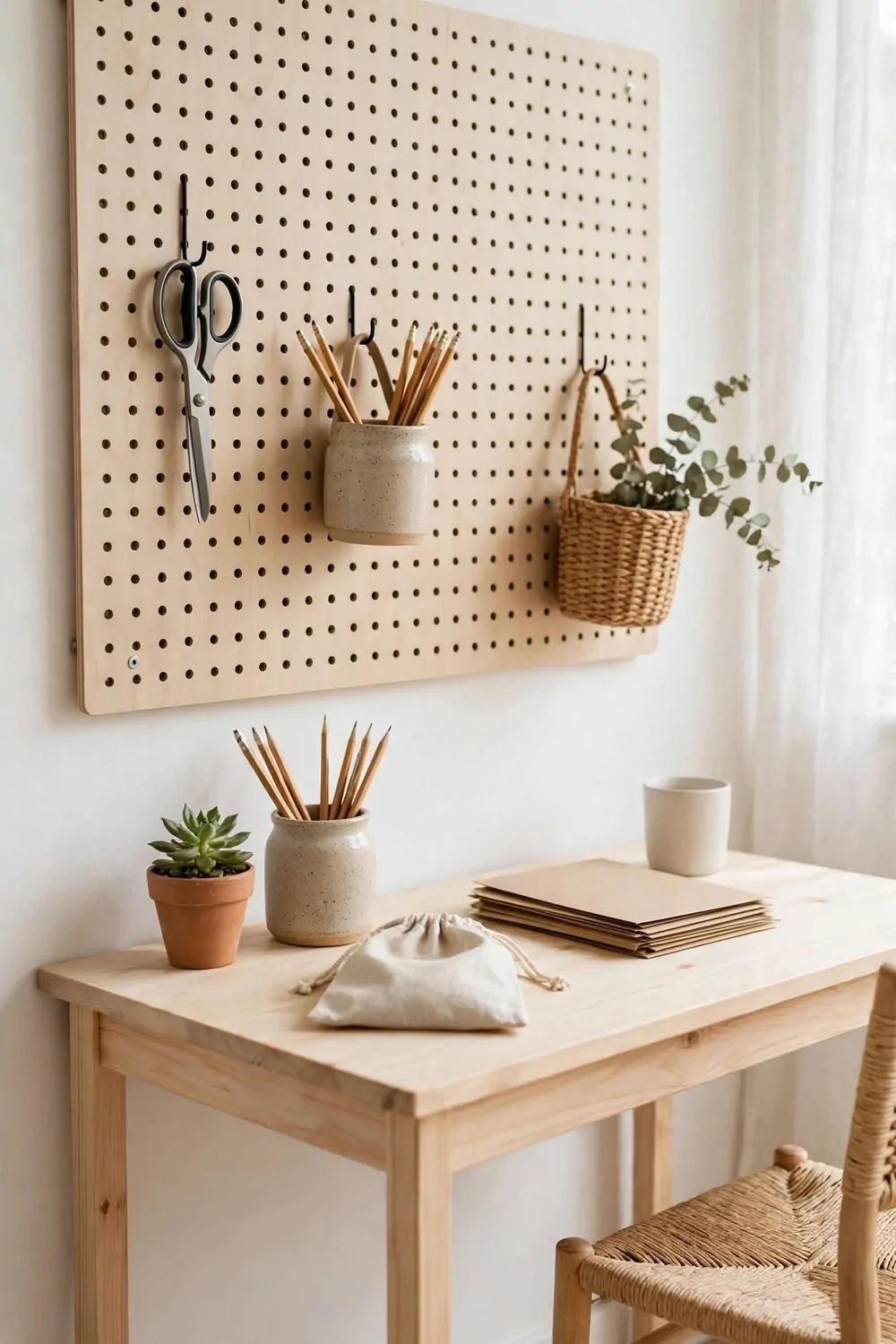 20 Ikea Office Ideas Workspaces You Can Build on a Budget 7 A pegboard on the wall above a desk, hooks holding scissors, a pencil pot and a small basket