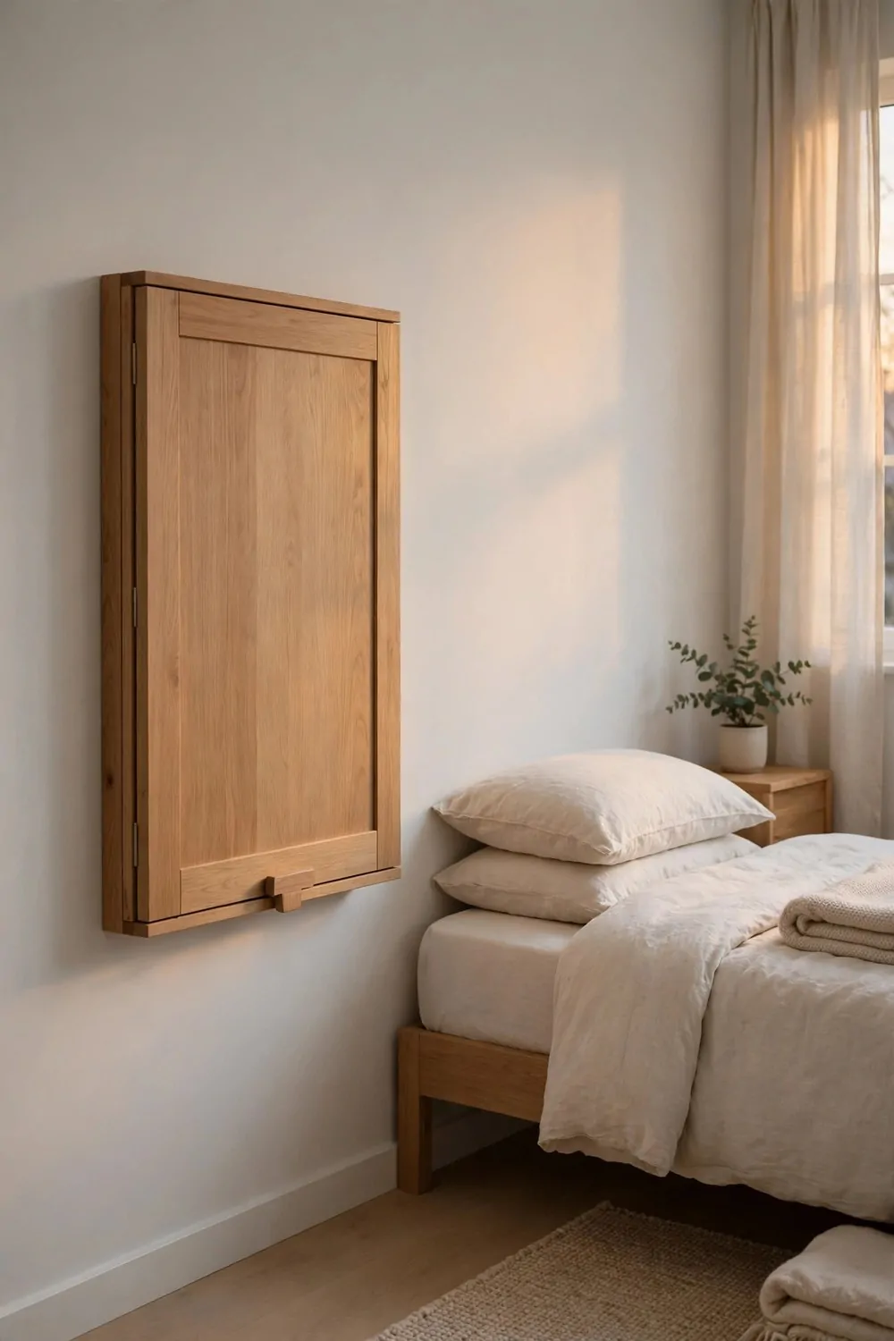 20 Ikea Office Ideas Workspaces You Can Build on a Budget 8 A wooden fold-down desk folded flat vertically against a pale wall, a neatly made bed nearby